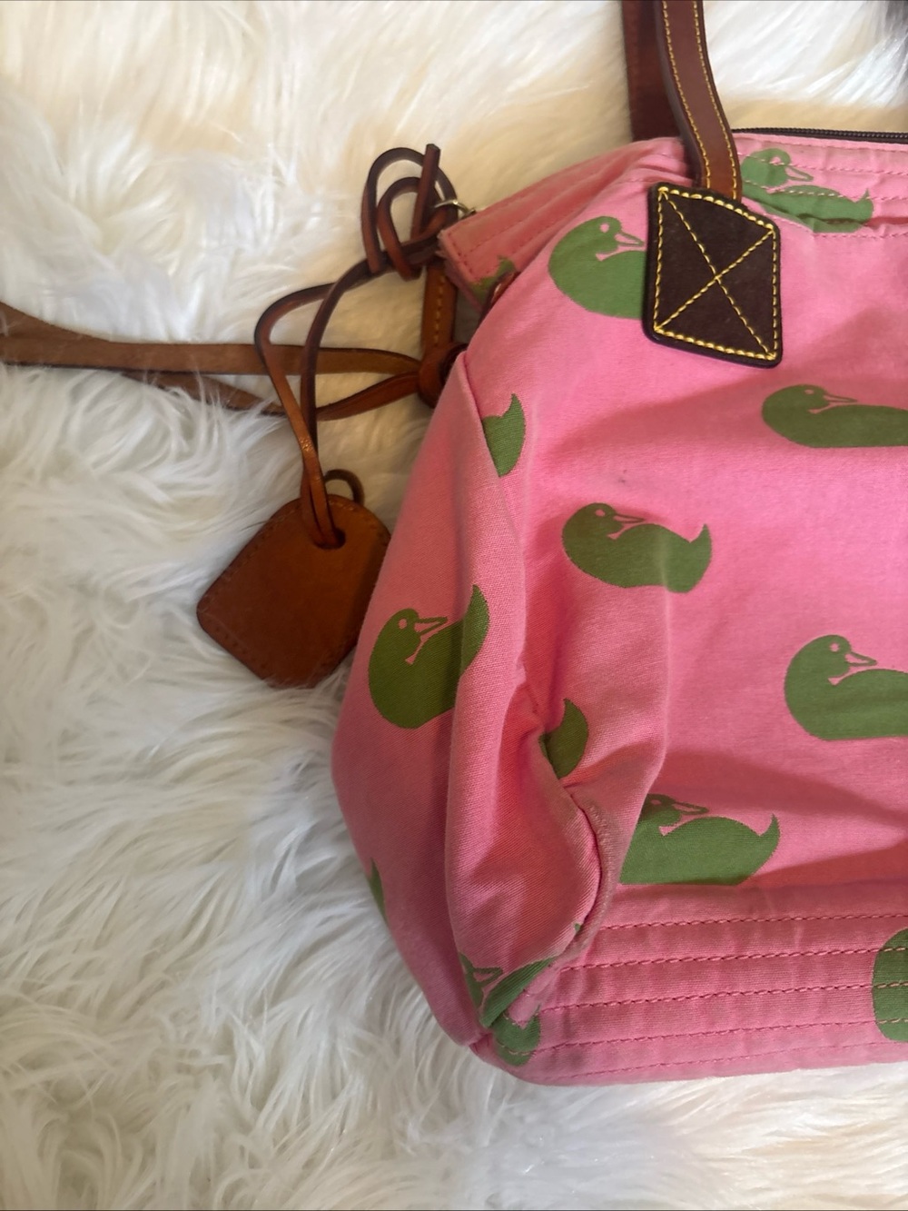 Dooney & Bourke Pink Canvas Tote with Green Duck Motif Brown Leather Trim preppy - Picture 2 of 8